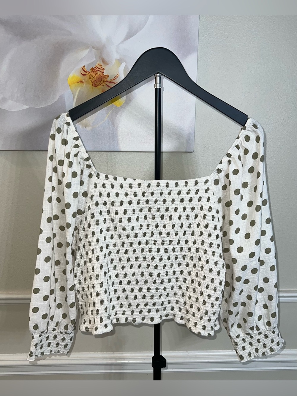 CATO Polka Dot Long Sleeve Green & White Smocked Cropped Blouse! Size XL. - Picture 5 of 11